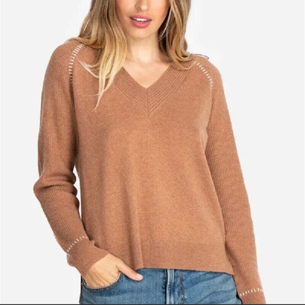 Johnny Was Cashmere V-Neck Pullover Knit Long Sleeve Sweater Brown Size Large
